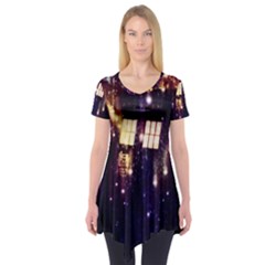 Tardis Regeneration Art Doctor Who Paint Purple Sci Fi Space Star Time Machine Short Sleeve Tunic 