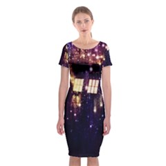 Tardis Regeneration Art Doctor Who Paint Purple Sci Fi Space Star Time Machine Classic Short Sleeve Midi Dress by Cemarart