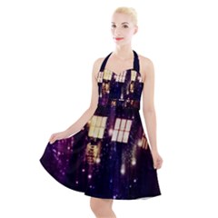 Tardis Regeneration Art Doctor Who Paint Purple Sci Fi Space Star Time Machine Halter Party Swing Dress  by Cemarart