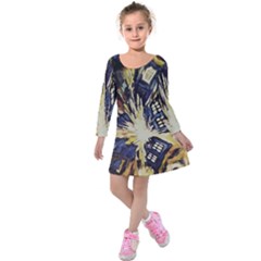 Tardis Doctor Who Pattern Kids  Long Sleeve Velvet Dress