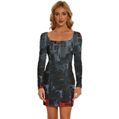 Abstract Tech Computer Motherboard Technology Long Sleeve Square Neck Bodycon Velvet Dress by Cemarart