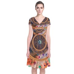 Dream Catcher Colorful Vintage Short Sleeve Front Wrap Dress by Cemarart