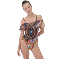 Dream Catcher Colorful Vintage Frill Detail One Piece Swimsuit by Cemarart