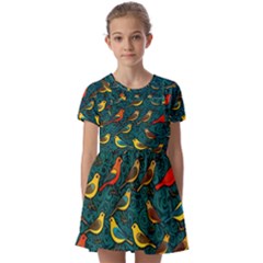 Bird Pattern Colorful Kids  Short Sleeve Pinafore Style Dress by Cemarart