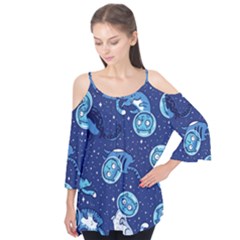 Cat Astronaut Space Suit Pattern Flutter Sleeve T-shirt 