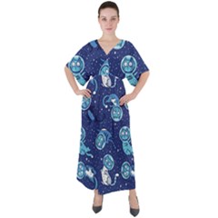 Cat Astronaut Space Suit Pattern V-neck Boho Style Maxi Dress