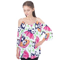 Panda Umbrella Pattern Flutter Sleeve T-shirt 