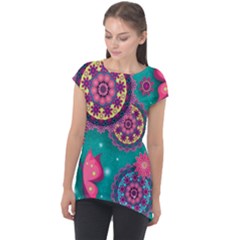 Floral Pattern Abstract Colorful Flow Oriental Spring Summer Cap Sleeve High Low Top by Cemarart