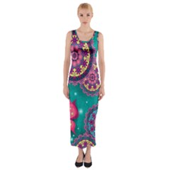 Floral Pattern Abstract Colorful Flow Oriental Spring Summer Fitted Maxi Dress