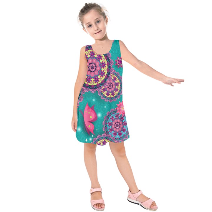 Floral Pattern Abstract Colorful Flow Oriental Spring Summer Kids  Sleeveless Dress