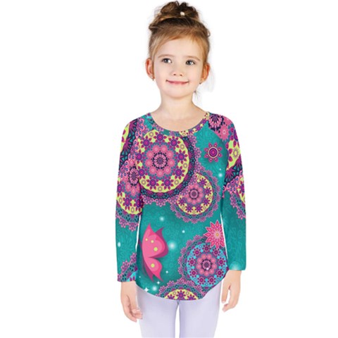 Floral Pattern Abstract Colorful Flow Oriental Spring Summer Kids  Long Sleeve T-shirt by Cemarart