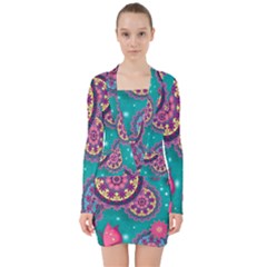 Floral Pattern Abstract Colorful Flow Oriental Spring Summer V-neck Bodycon Long Sleeve Dress