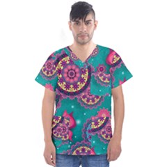 Floral Pattern Abstract Colorful Flow Oriental Spring Summer Men s V-neck Scrub Top