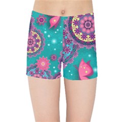 Floral Pattern Abstract Colorful Flow Oriental Spring Summer Kids  Sports Shorts by Cemarart