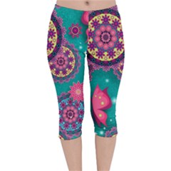 Floral Pattern Abstract Colorful Flow Oriental Spring Summer Velvet Capri Leggings  by Cemarart