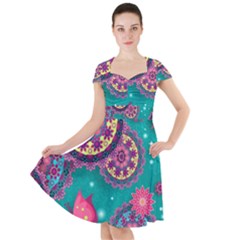 Floral Pattern Abstract Colorful Flow Oriental Spring Summer Cap Sleeve Midi Dress by Cemarart