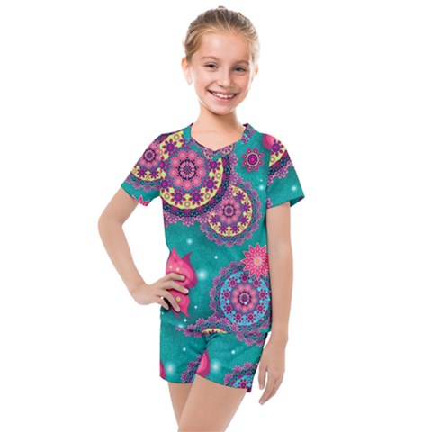 Floral Pattern Abstract Colorful Flow Oriental Spring Summer Kids  Mesh T-shirt And Shorts Set by Cemarart