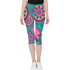 Floral Pattern Abstract Colorful Flow Oriental Spring Summer Inside Out Lightweight Velour Capri Leggings  by Cemarart