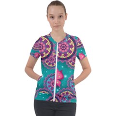 Floral Pattern Abstract Colorful Flow Oriental Spring Summer Short Sleeve Zip Up Jacket