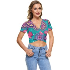 Floral Pattern Abstract Colorful Flow Oriental Spring Summer Short Sleeve Foldover T-shirt by Cemarart