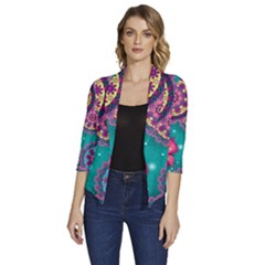 Floral Pattern Abstract Colorful Flow Oriental Spring Summer Women s Draped Front 3/4 Sleeve Shawl Collar Jacket by Cemarart