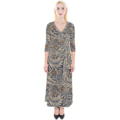 Brown Vintage Floral Pattern Damask Floral Vintage Retro Quarter Sleeve Wrap Maxi Dress