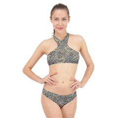 Brown Vintage Floral Pattern Damask Floral Vintage Retro High Neck Bikini Set