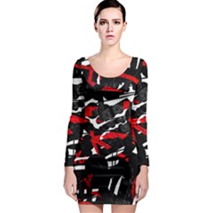 Shape Line Red Black Abstraction Long Sleeve Bodycon Dress by Cemarart