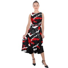 Shape Line Red Black Abstraction Midi Tie-back Chiffon Dress by Cemarart