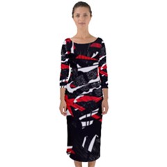 Shape Line Red Black Abstraction Quarter Sleeve Midi Bodycon Dress by Cemarart