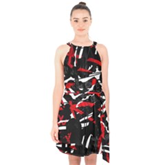 Shape Line Red Black Abstraction Halter Collar Waist Tie Chiffon Dress by Cemarart