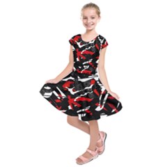 Shape Line Red Black Abstraction Kids  Short Sleeve Dress by Cemarart