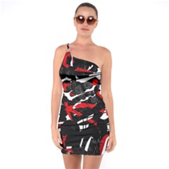 Shape Line Red Black Abstraction One Shoulder Ring Trim Bodycon Dress by Cemarart