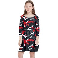 Shape Line Red Black Abstraction Kids  Quarter Sleeve Skater Dress by Cemarart