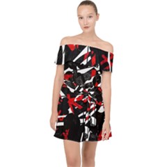 Shape Line Red Black Abstraction Off Shoulder Chiffon Dress by Cemarart