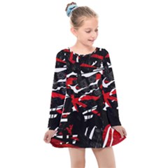 Shape Line Red Black Abstraction Kids  Long Sleeve Dress by Cemarart