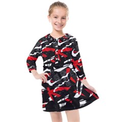 Shape Line Red Black Abstraction Kids  Quarter Sleeve Shirt Dress by Cemarart