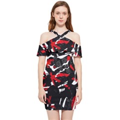 Shape Line Red Black Abstraction Shoulder Frill Bodycon Summer Dress by Cemarart