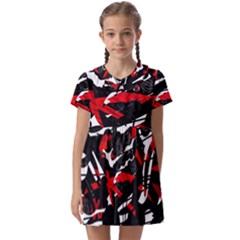 Shape Line Red Black Abstraction Kids  Asymmetric Collar Dress by Cemarart