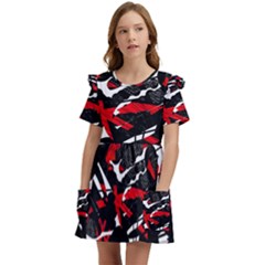 Shape Line Red Black Abstraction Kids  Frilly Sleeves Pocket Dress by Cemarart