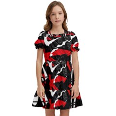 Shape Line Red Black Abstraction Kids  Puff Sleeved Dress by Cemarart
