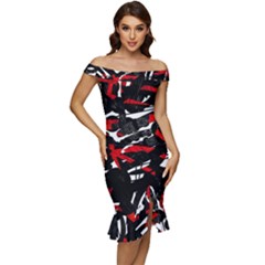 Shape Line Red Black Abstraction Off Shoulder Ruffle Split Hem Bodycon Dress by Cemarart