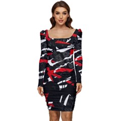 Shape Line Red Black Abstraction Women Long Sleeve Ruched Stretch Jersey Dress by Cemarart