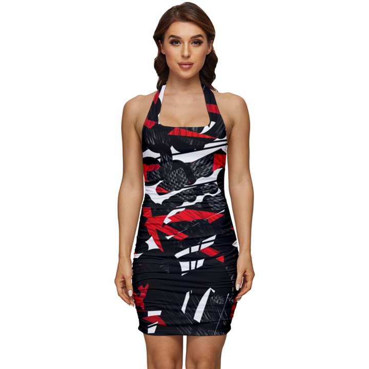 Shape Line Red Black Abstraction Sleeveless Wide Square Neckline Ruched Bodycon Dress