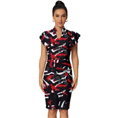 Shape Line Red Black Abstraction Vintage Frill Sleeve V-neck Bodycon Dress by Cemarart