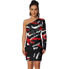 Shape Line Red Black Abstraction Long Sleeve One Shoulder Mini Dress by Cemarart