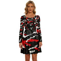 Shape Line Red Black Abstraction Long Sleeve Wide Neck Velvet Dress by Cemarart