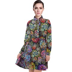 Floral Fractal 3d Art Pattern Long Sleeve Chiffon Shirt Dress by Cemarart