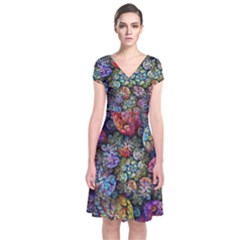 Floral Fractal 3d Art Pattern Short Sleeve Front Wrap Dress