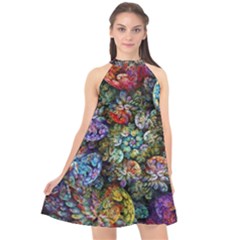 Floral Fractal 3d Art Pattern Halter Neckline Chiffon Dress 